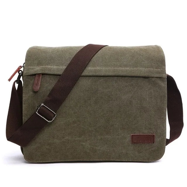 Olive green canvas messenger bag with brown adjustable strap, Orin & Vale style