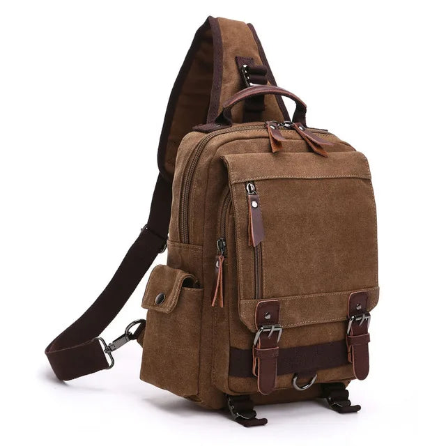 Brown canvas crossbody backpack with multiple pockets and leather accents, Orin & Vale