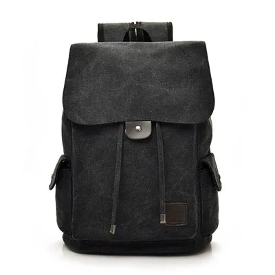 Black canvas Orin & Vale backpack with flap closure and side pockets, front view