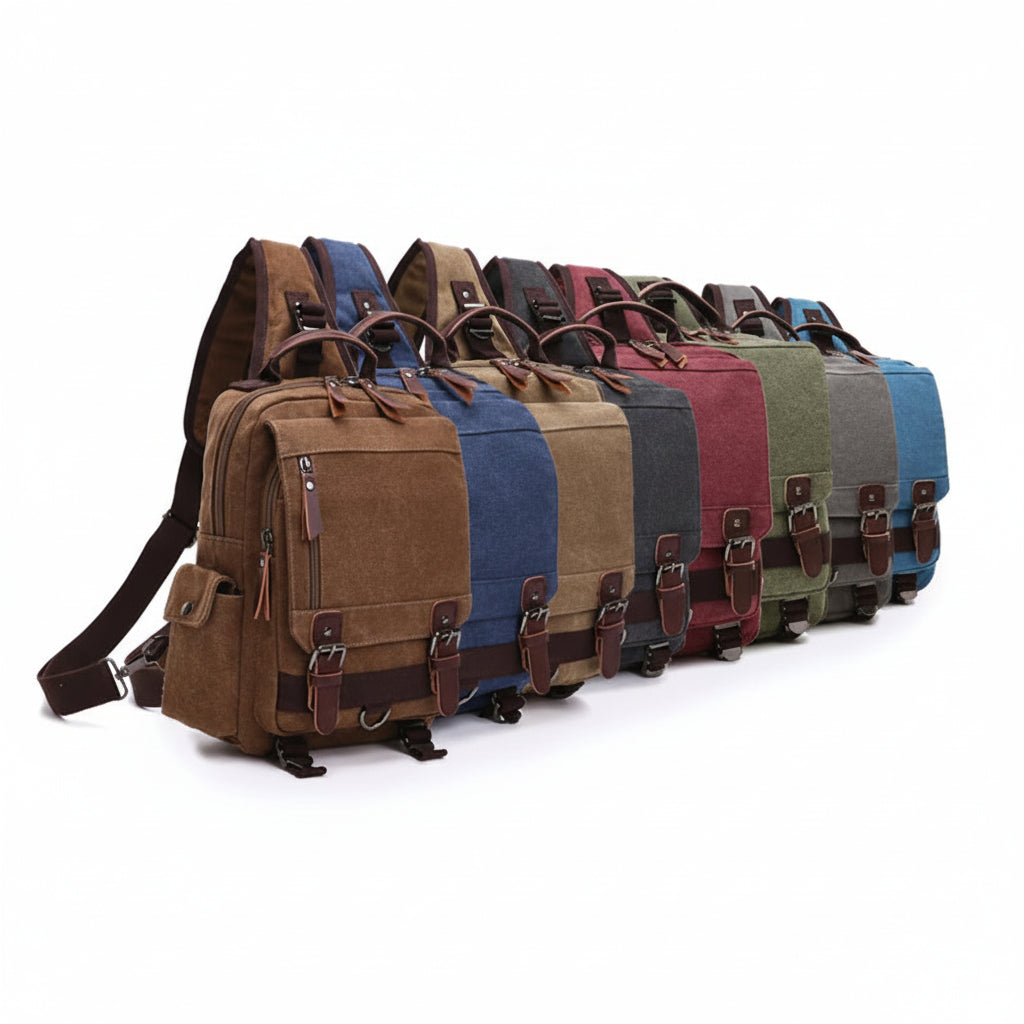 Orin & Vale canvas backpacks in various colors with leather straps, lined up on white background.