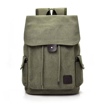 Olive green canvas backpack with flap closure and side pockets at Orin & Vale