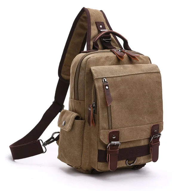 Orin & Vale brown canvas sling backpack with leather straps and multiple pockets