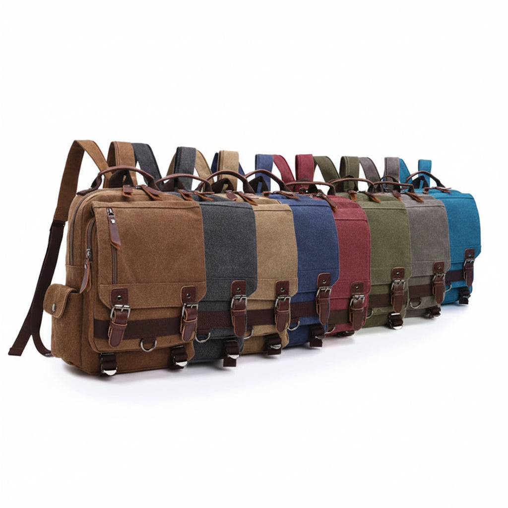 Row of Orin & Vale canvas backpacks in assorted colors with leather accents, on white background.