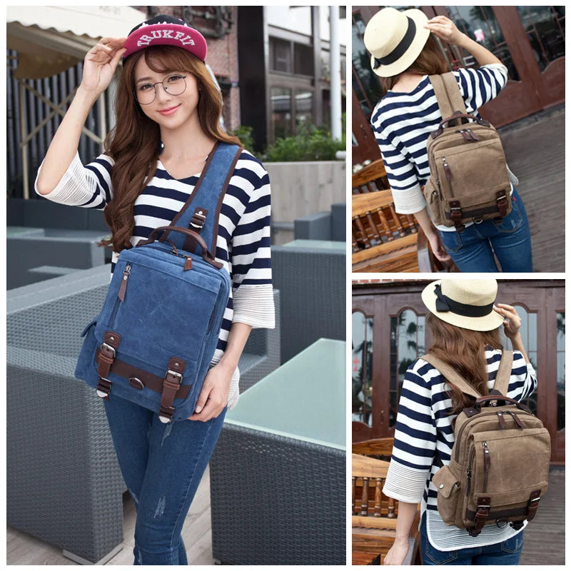 Woman in striped shirt modeling versatile canvas backpack in blue and khaki, Orin & Vale style