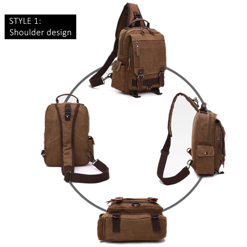 Orin & Vale brown canvas backpack with shoulder strap, multiple angles, rugged design