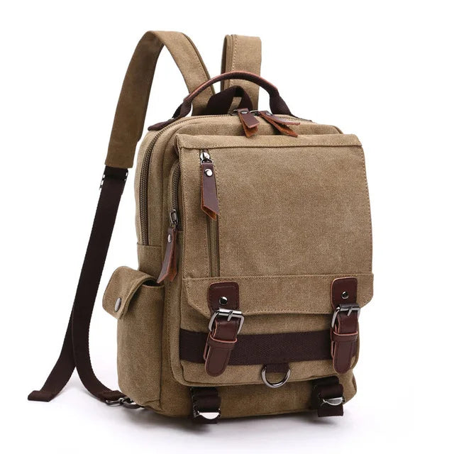 Orin & Vale tan canvas backpack with brown straps, front pockets, and leather accents