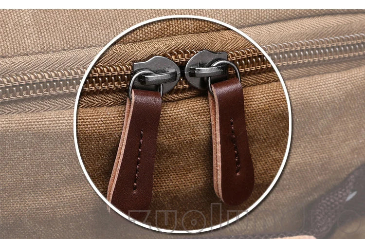 Brown canvas bag with dual leather zipper pulls, Orin & Vale backpack detail