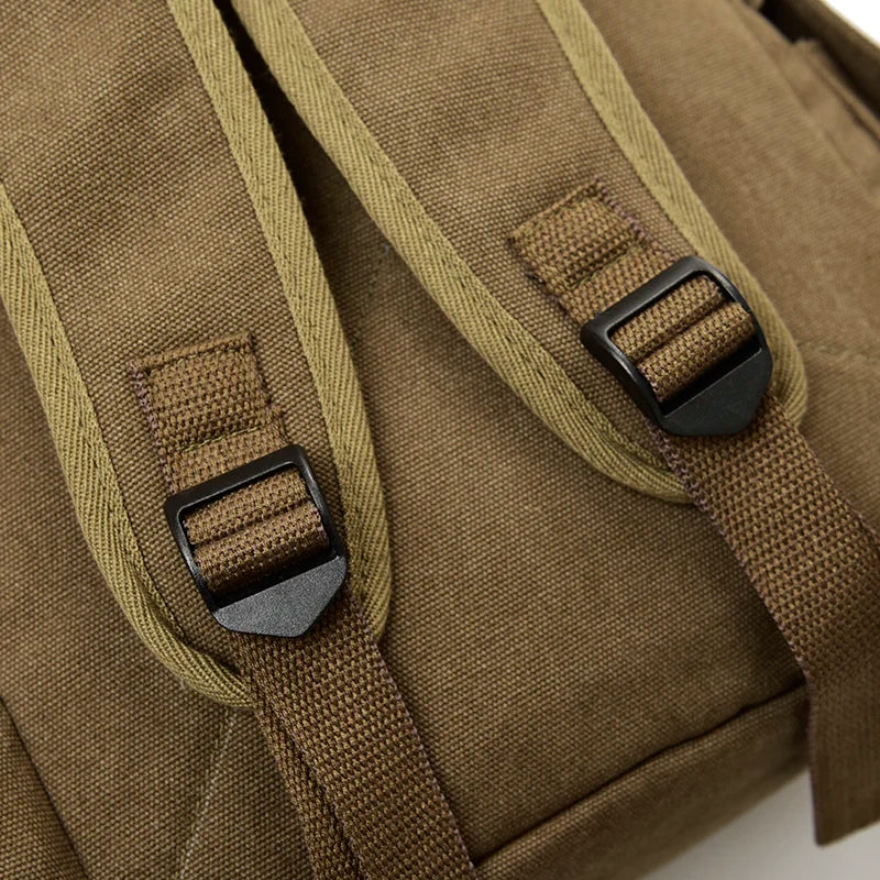 Close-up of brown canvas backpack straps with black buckles from Orin & Vale