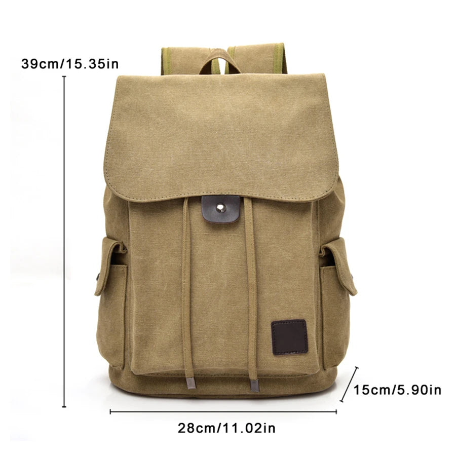 Khaki canvas backpack with flap, front and side pockets, 39x28x15cm, Orin & Vale