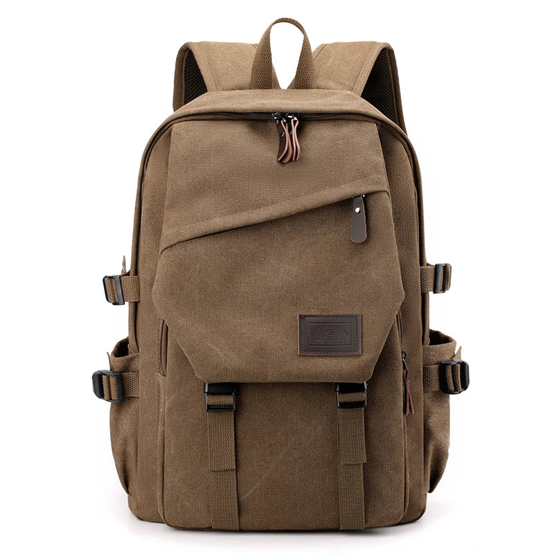 Orin & Vale brown canvas backpack with front flap, side pockets, and buckle straps