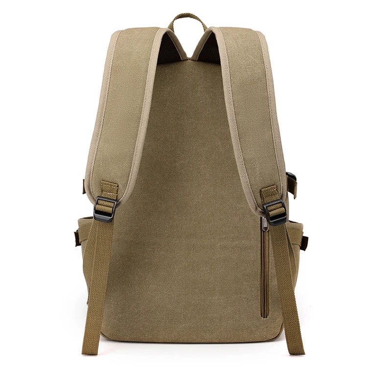 Orin & Vale khaki canvas backpack with padded straps and zip pocket, rear view