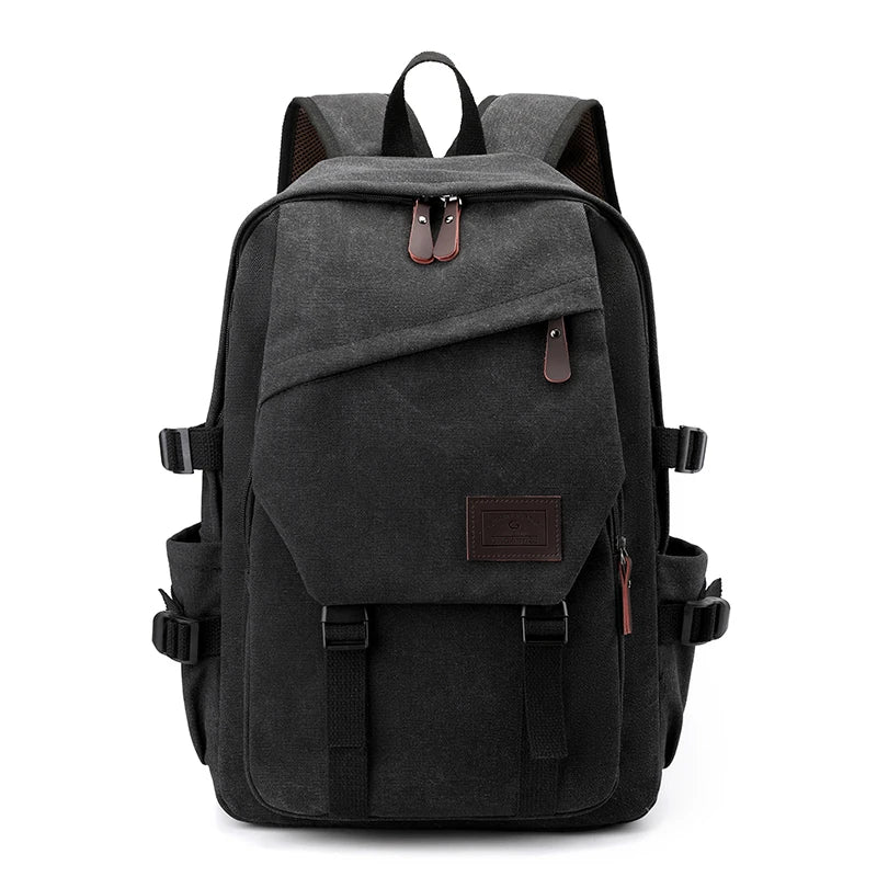 Orin & Vale black canvas backpack with front pockets and leather zipper pulls