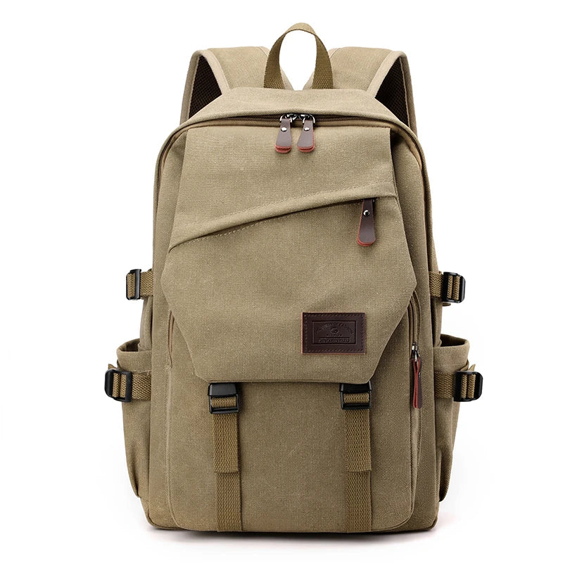Orin & Vale tan canvas backpack with buckle straps and front zip pockets on white background