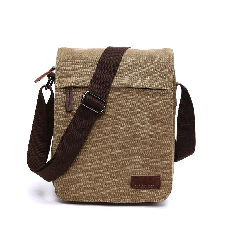 Orin & Vale tan canvas crossbody bag with brown adjustable strap and leather detail
