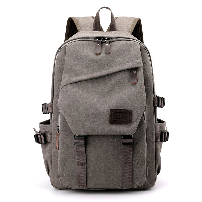 Orin & Vale grey canvas backpack with multiple pockets and front buckle straps