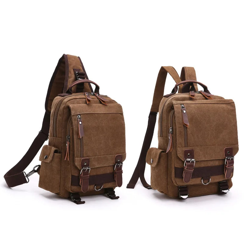 Orin & Vale brown canvas backpack with leather straps, front and side pockets, two views