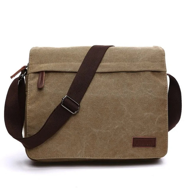 Orin & Vale khaki canvas messenger bag with brown adjustable strap on white background
