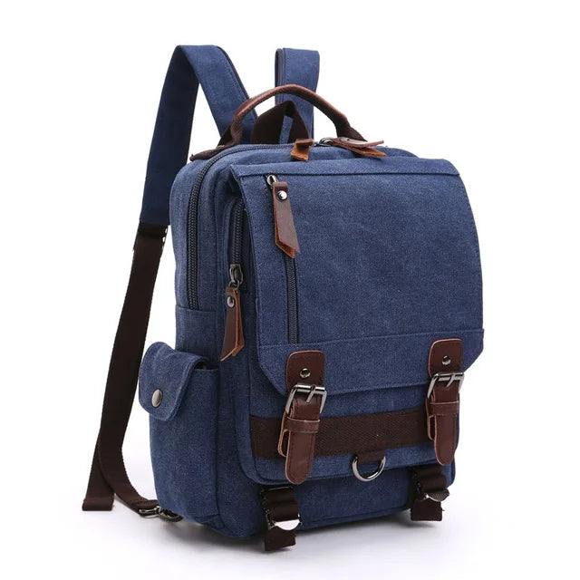 Orin & Vale blue canvas backpack with leather straps and front flap, modern design