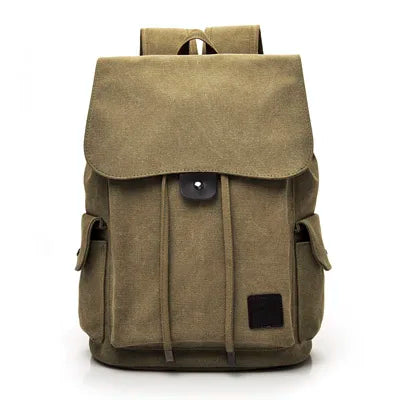 Khaki canvas backpack with flap closure and side pockets, Orin & Vale minimalist bag