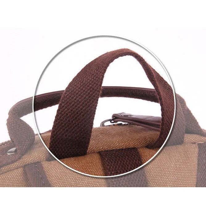Close-up of brown canvas bag handle with durable stitching, Orin & Vale