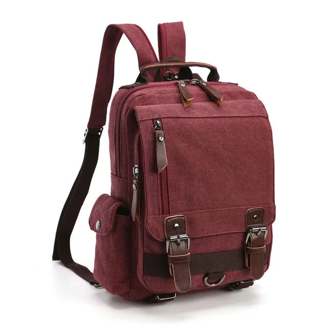 Orin & Vale maroon canvas backpack with leather straps, side pocket and front buckles