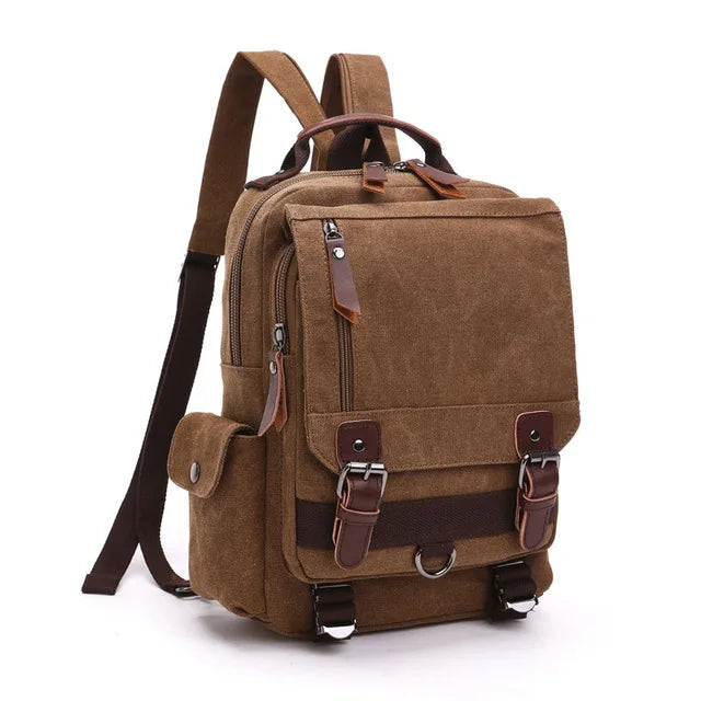 Orin & Vale brown canvas backpack with leather straps and front pockets on white background