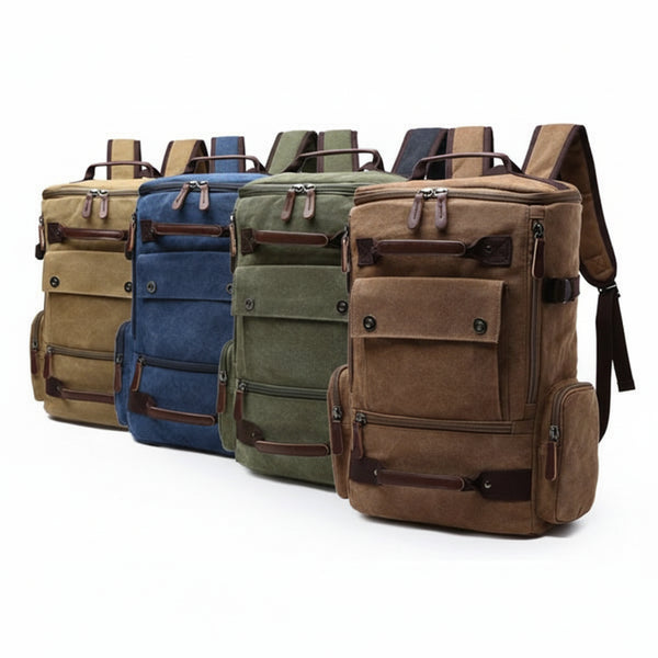 Orin & Vale canvas backpacks in tan, blue, green, and brown with leather accents