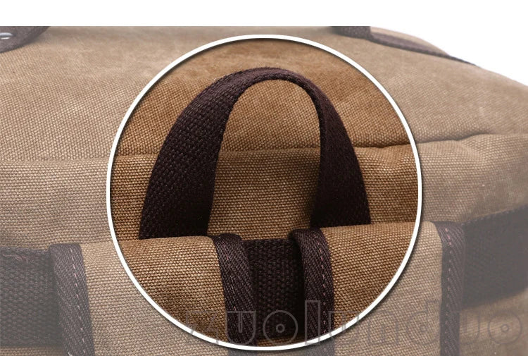 Close-up of brown canvas backpack handle, Orin & Vale durable bag detail