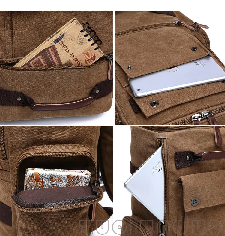 Brown canvas backpack with multiple pockets, shown holding notebook, tablet, and wallet
