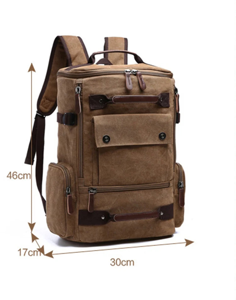 Brown canvas backpack with multiple pockets, leather accents, and size dimensions 46x30x17cm