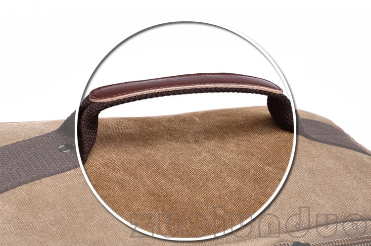 Close-up of brown canvas bag with leather handle, Orin & Vale
