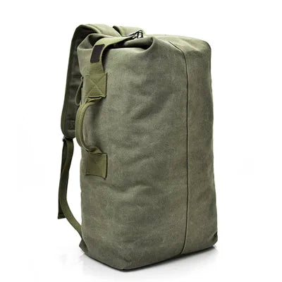 Olive green canvas duffle backpack with side handles, minimalist design, Orin & Vale