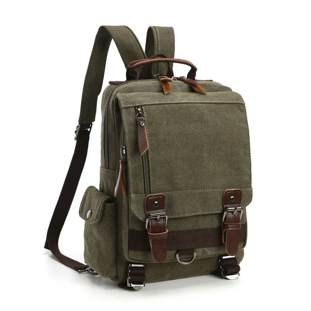 Olive green canvas backpack with brown leather accents and front pockets, Orin & Vale