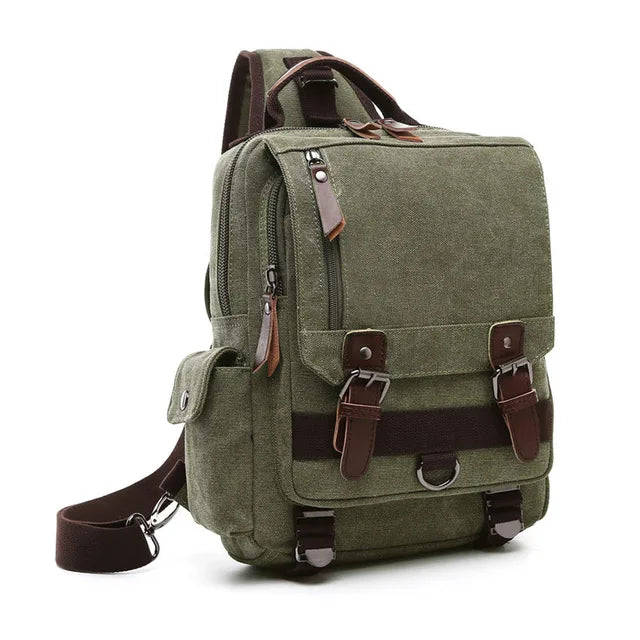 Olive canvas sling backpack with brown straps and buckles, Orin & Vale travel bag