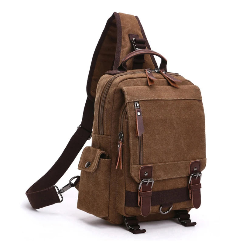 Brown canvas crossbody backpack with leather straps from Orin & Vale on white background.