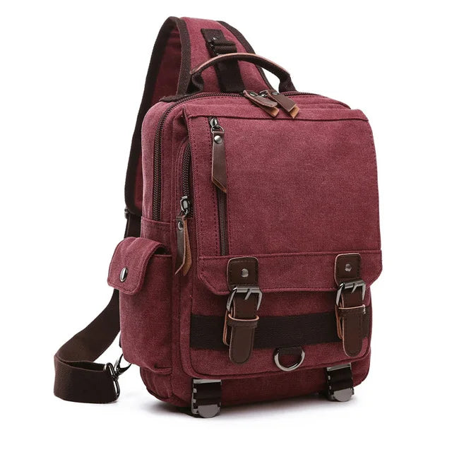 Maroon canvas backpack with leather straps and multiple pockets, Orin & Vale bag