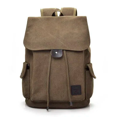 Brown canvas backpack with flap closure and side pockets, Orin & Vale style