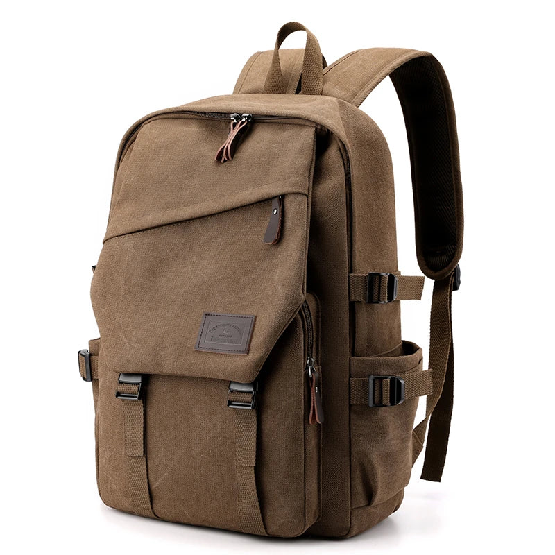 Orin & Vale brown canvas backpack with front pockets and adjustable straps