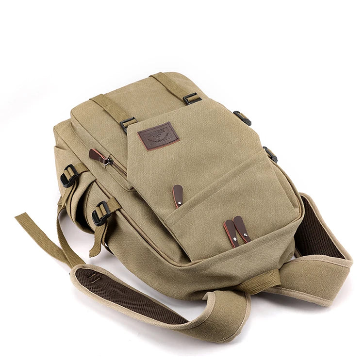 Orin & Vale tan canvas backpack with brown straps and front pockets on white background