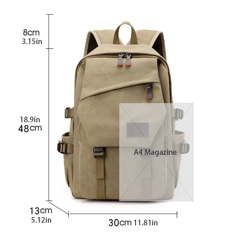 Khaki canvas backpack with front pocket, side pockets, size dimensions, fits A4 magazine, Orin & Vale