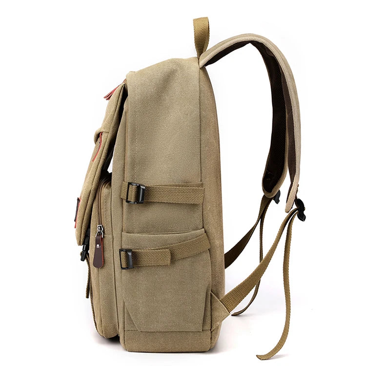 Orin & Vale classic tan canvas backpack with side pockets and adjustable straps