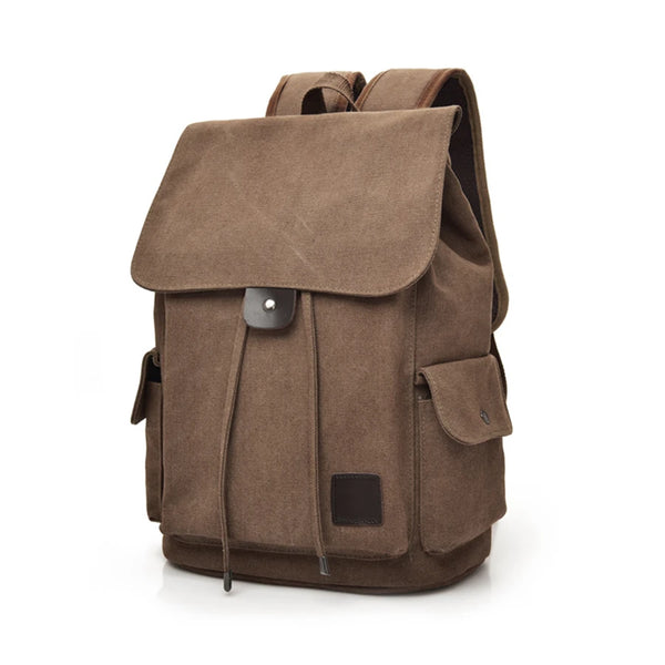 Brown canvas backpack with front pocket and side flaps, Orin & Vale bag